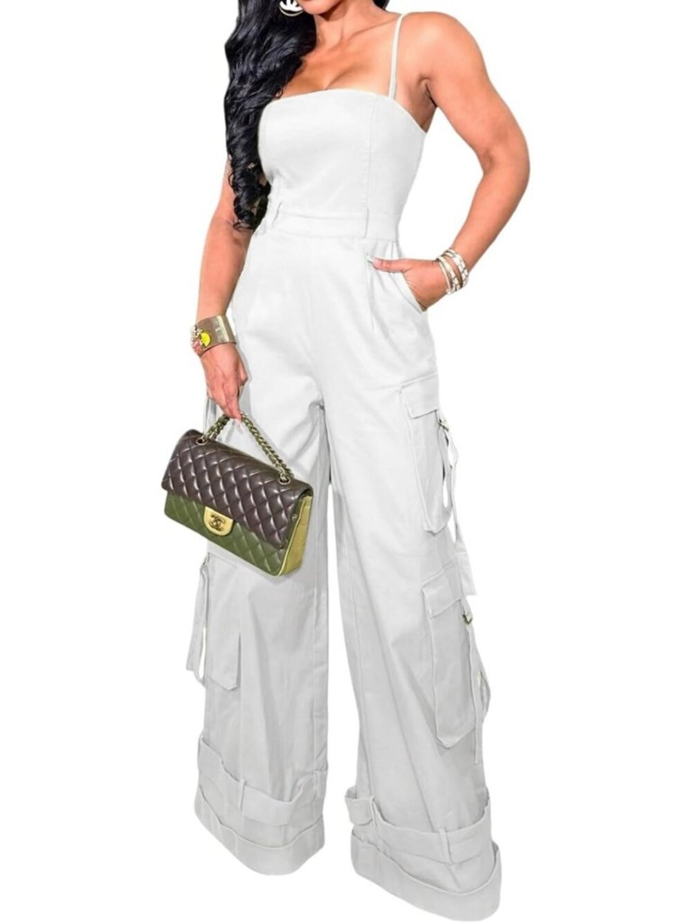 Stylish Women's Wide Leg Cargo Jumpsuit with Pockets - Sexy One Piece Romper